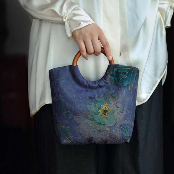 Sac à main avec poignée en bois massif et Buddha Stones de pivoine, feuilles de bambou, oiseau