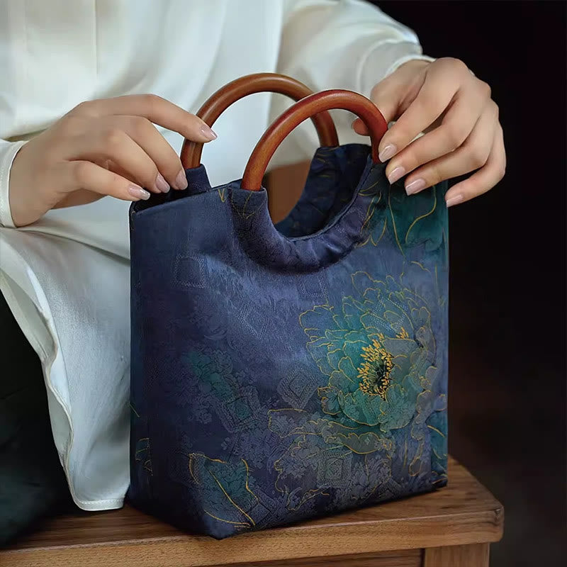 Sac à main avec poignée en bois massif et Buddha Stones de pivoine, feuilles de bambou, oiseau