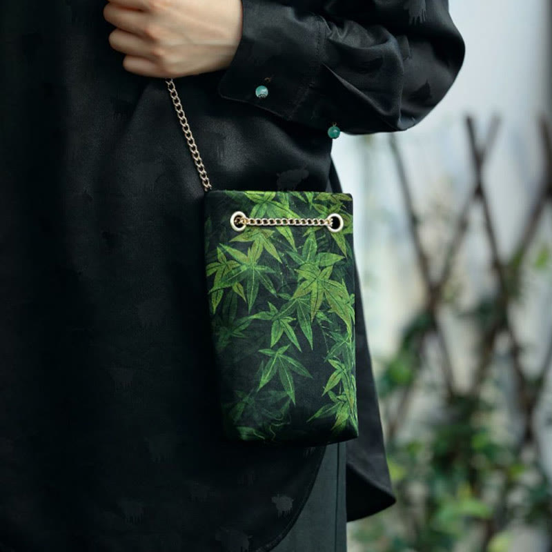 Sac à bandoulière en métal avec petite feuille d'érable et plaqueminier Buddha Stones