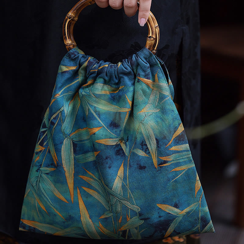 Sac à main en bambou bleu vert Buddha Stones et poignées en bambou