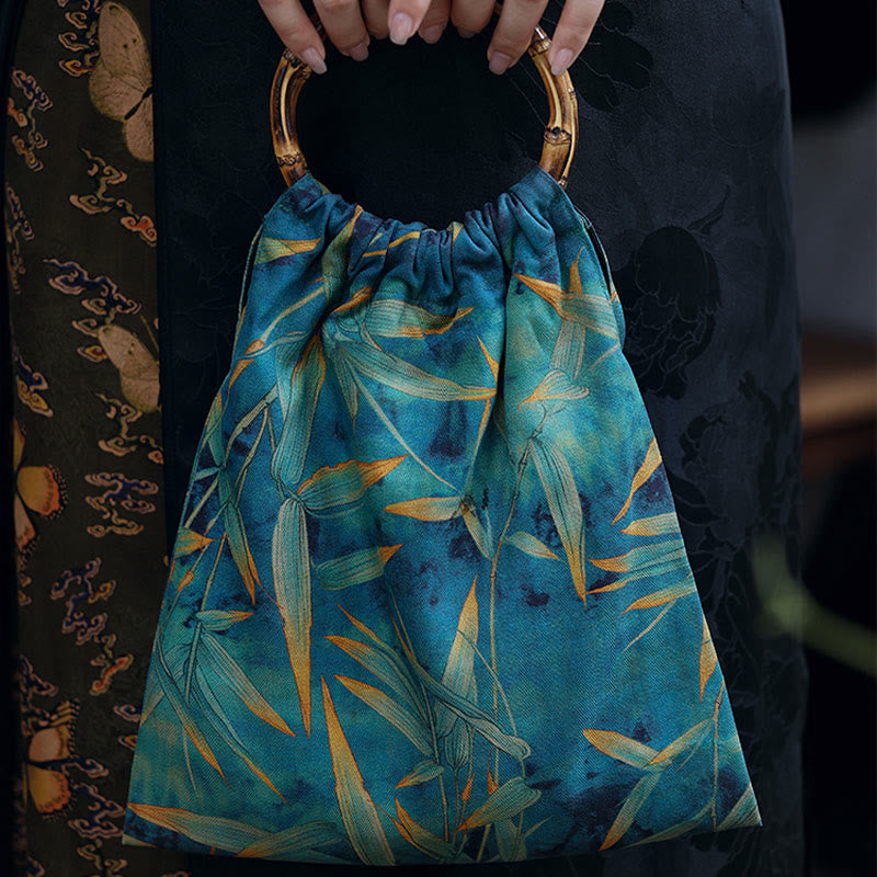 Sac à main en bambou bleu vert Buddha Stones et poignées en bambou