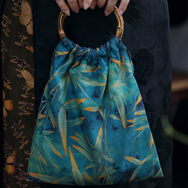 Sac à main en bambou bleu vert Buddha Stones et poignées en bambou