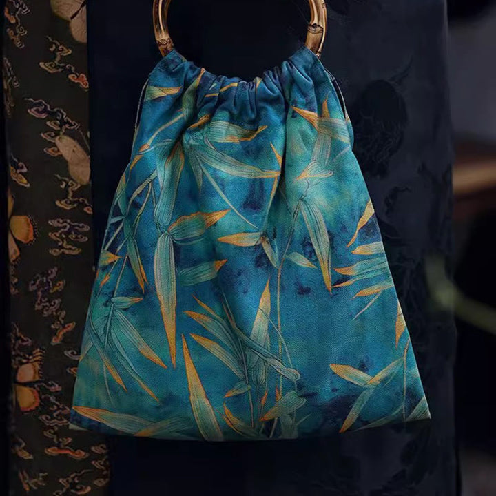 Sac à main en bambou bleu vert Buddha Stones et poignées en bambou