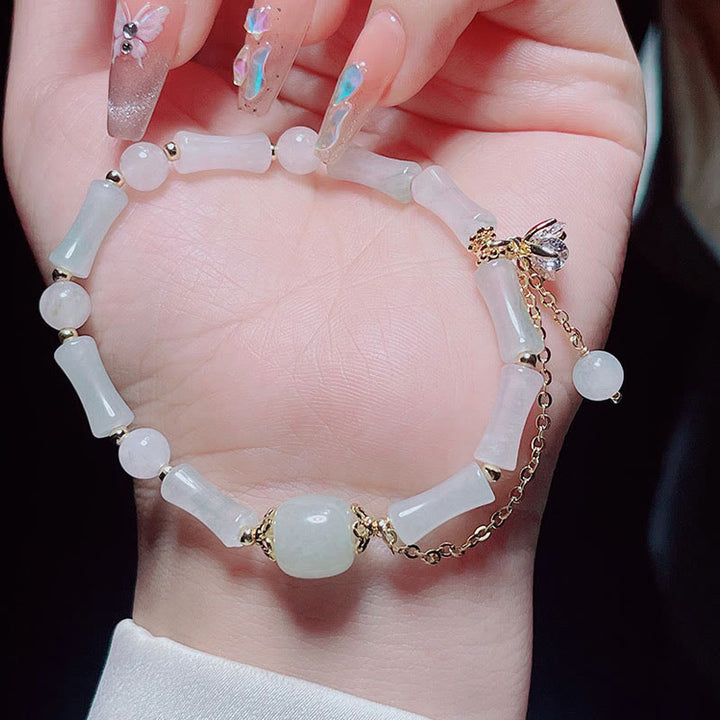 Bracelet de bénédiction porte-bonheur en jade blanc et bambou de Tianshan avec Buddha Stones