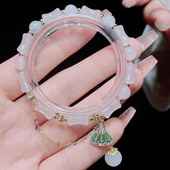 Bracelet de bénédiction porte-bonheur en jade blanc et bambou de Tianshan avec Buddha Stones