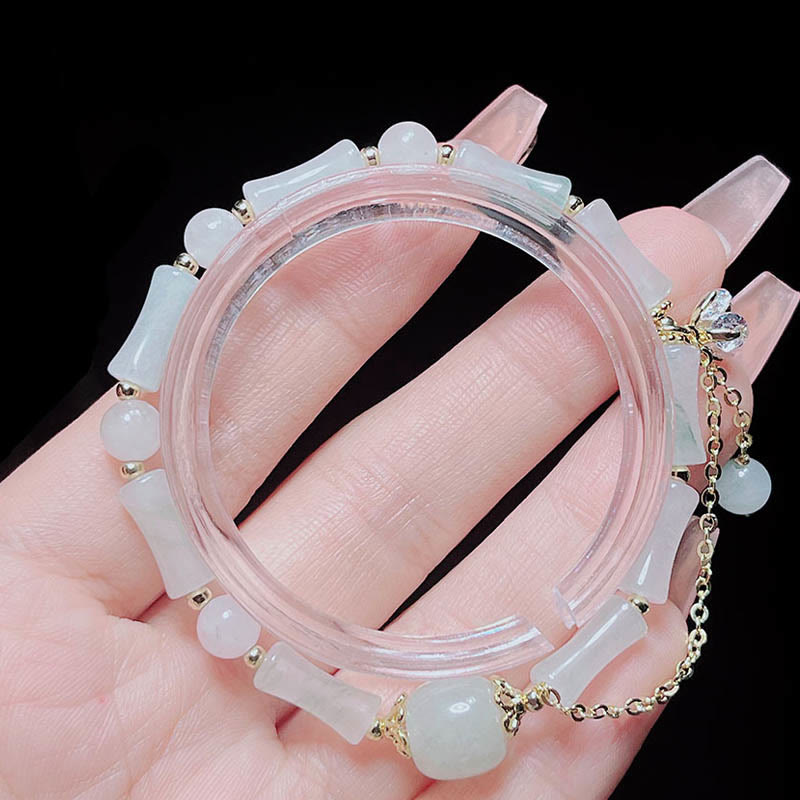 Bracelet de bénédiction porte-bonheur en jade blanc et bambou de Tianshan avec Buddha Stones