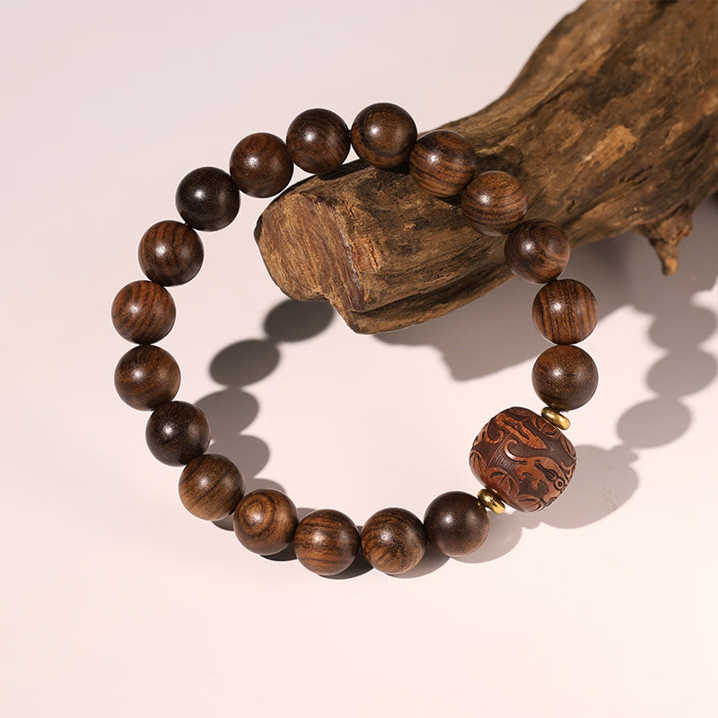 Bracelet de chaleur en bambou avec motif de personnages de Fu et de Totem en bois de rose et Buddha Stones