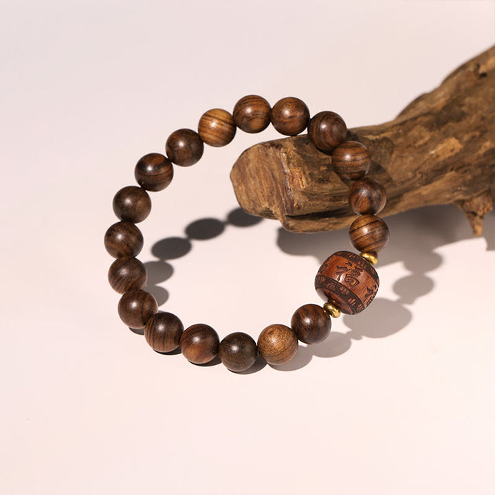 Bracelet de chaleur en bambou avec motif de personnages de Fu et de Totem en bois de rose et Buddha Stones