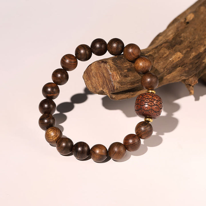 Bracelet de chaleur en bambou avec motif de personnages de Fu et de Totem en bois de rose et Buddha Stones