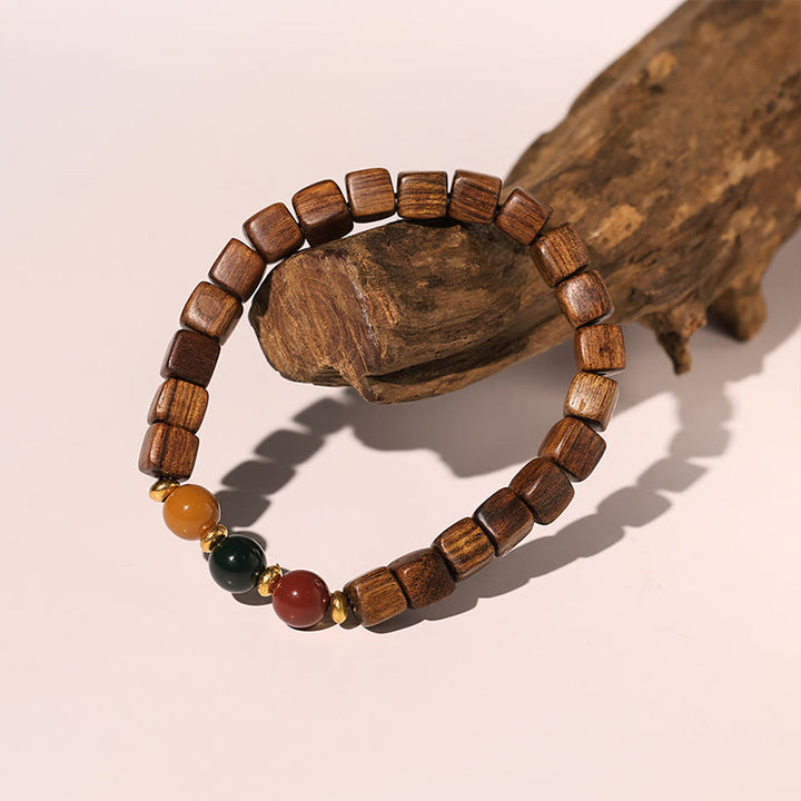 Bracelet de chaleur en bambou avec motif de personnages de Fu et de Totem en bois de rose et Buddha Stones