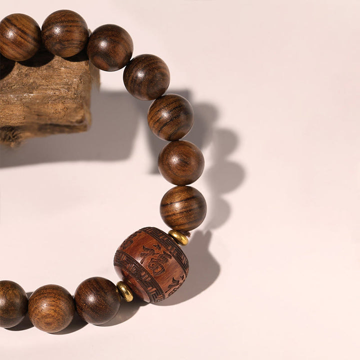 Bracelet de chaleur en bambou avec motif de personnages de Fu et de Totem en bois de rose et Buddha Stones