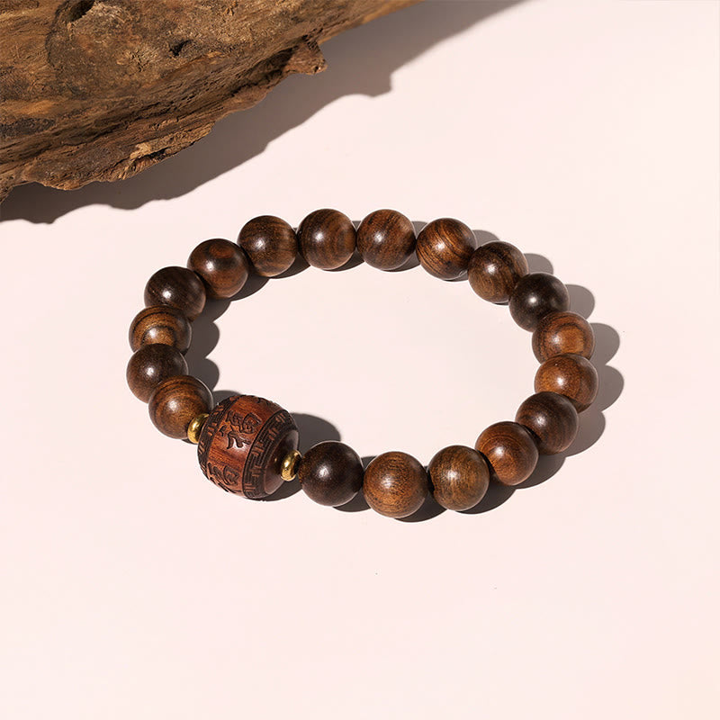 Bracelet de chaleur en bambou avec motif de personnages de Fu et de Totem en bois de rose et Buddha Stones