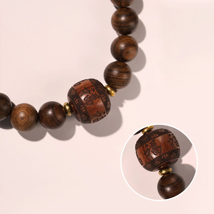 Bracelet de chaleur en bambou avec motif de personnages de Fu et de Totem en bois de rose et Buddha Stones