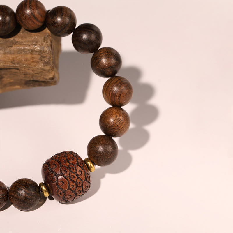 Bracelet de chaleur en bambou avec motif de personnages de Fu et de Totem en bois de rose et Buddha Stones