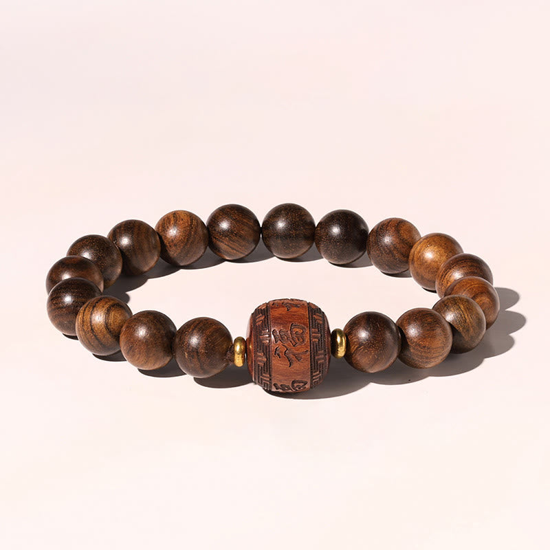 Bracelet de chaleur en bambou avec motif de personnages de Fu et de Totem en bois de rose et Buddha Stones