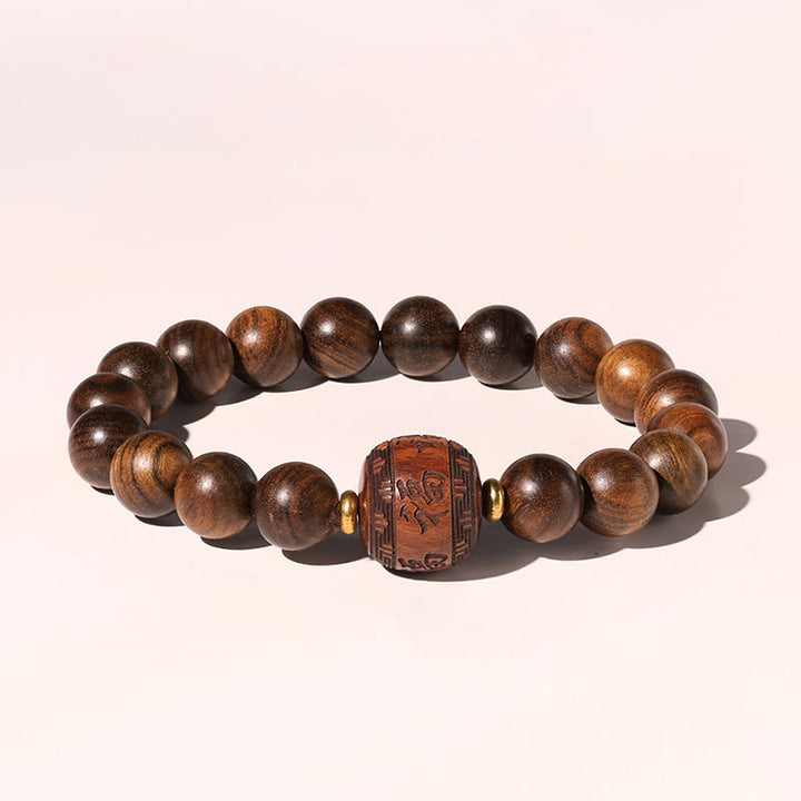 Bracelet de chaleur en bambou avec motif de personnages de Fu et de Totem en bois de rose et Buddha Stones