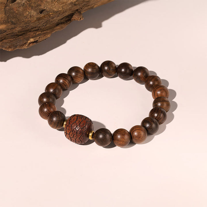 Bracelet de chaleur en bambou avec motif de personnages de Fu et de Totem en bois de rose et Buddha Stones