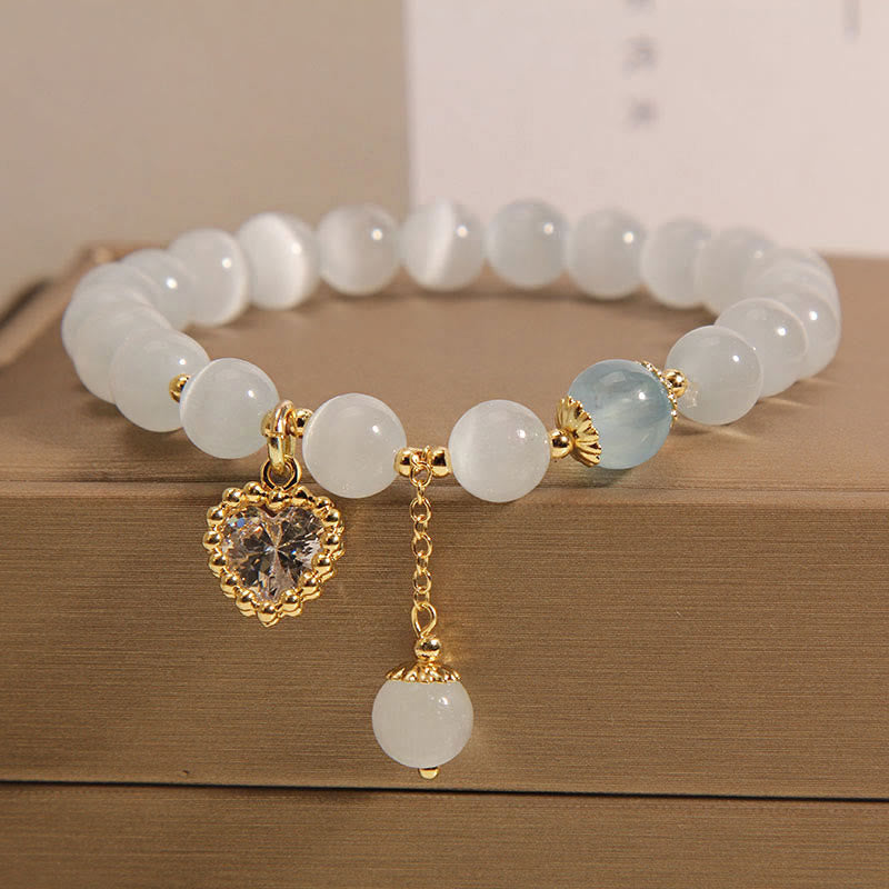 Bracelet à breloques en forme de cœur en zircon et cristal œil de chat Buddha Stones