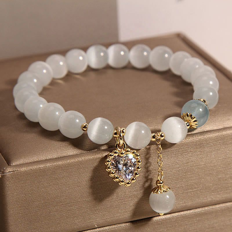 Bracelet à breloques en forme de cœur en zircon et cristal œil de chat Buddha Stones