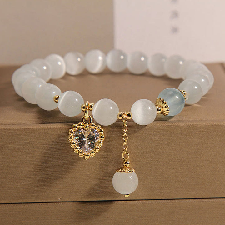 Bracelet à breloques en forme de cœur en zircon et cristal œil de chat Buddha Stones