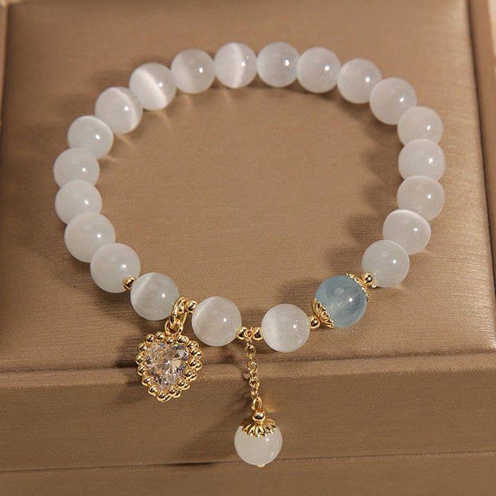 Bracelet à breloques en forme de cœur en zircon et cristal œil de chat Buddha Stones