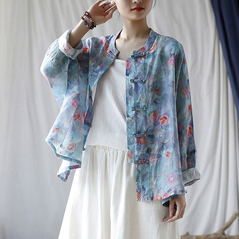 Chemise à manches longues en lin ramie avec imprimé de fleurs roses et de feuilles vertes et de boutons de grenouille - image 1