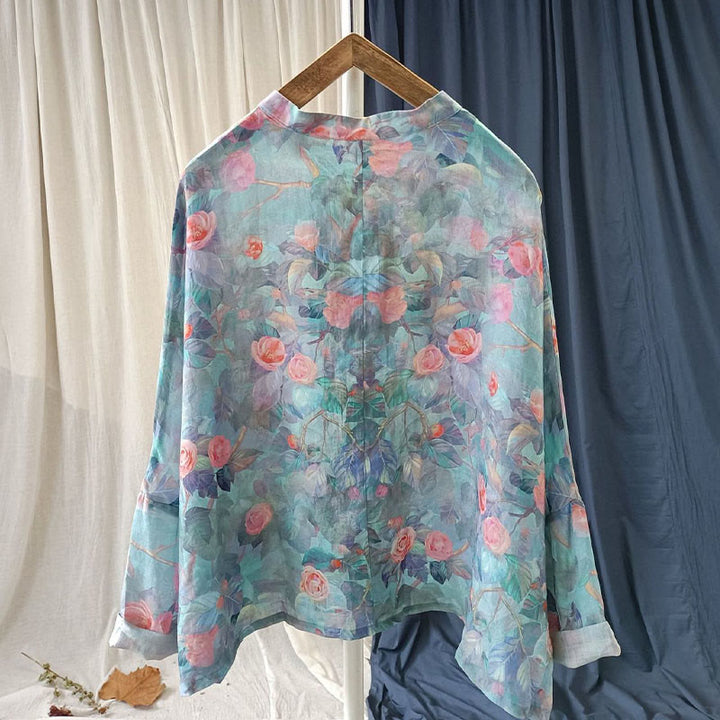Chemise à manches longues en lin ramie avec imprimé de fleurs roses et de feuilles vertes et de boutons de grenouille - image 9