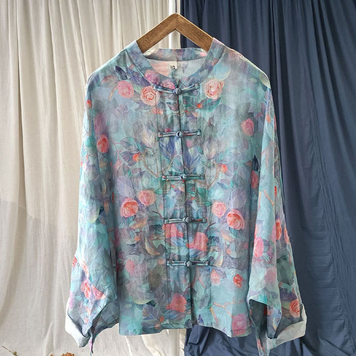 Chemise à manches longues en lin ramie avec imprimé de fleurs roses et de feuilles vertes et de boutons de grenouille - image 8