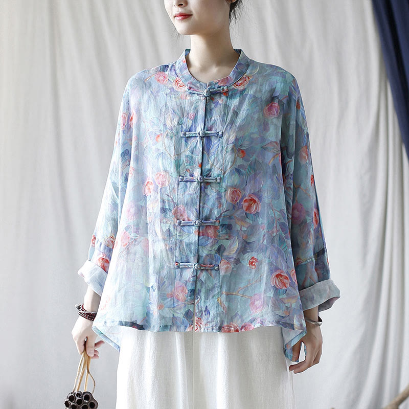 Chemise à manches longues en lin ramie avec imprimé de fleurs roses et de feuilles vertes et de boutons de grenouille