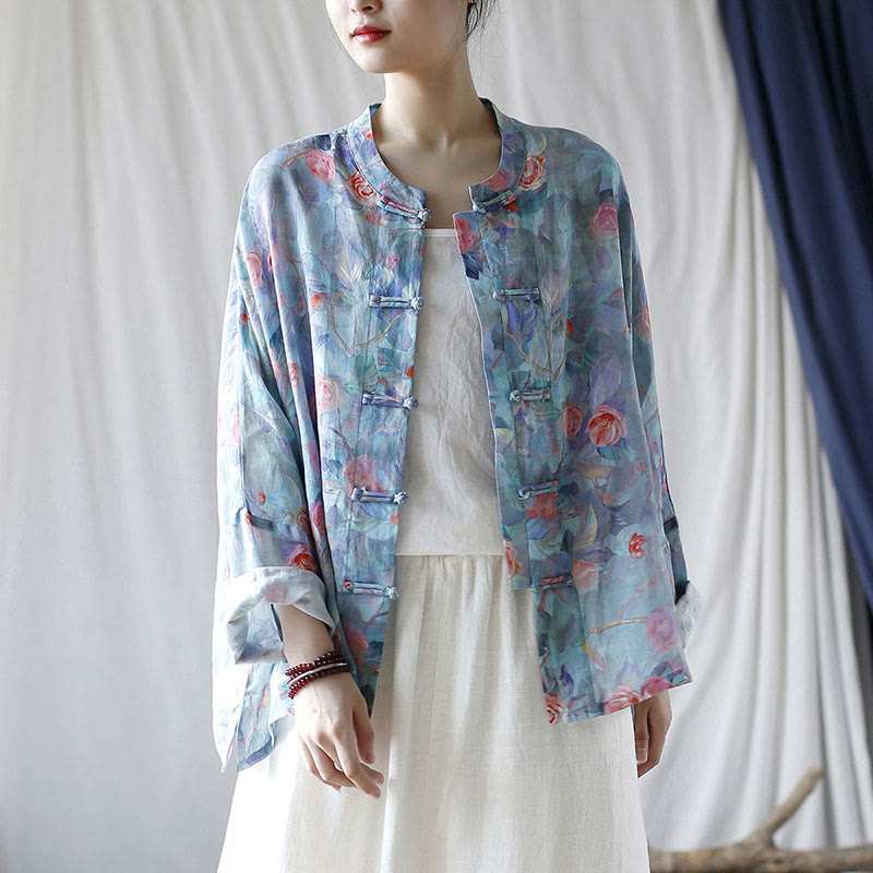 Chemise à manches longues en lin ramie avec imprimé de fleurs roses et de feuilles vertes et de boutons de grenouille - image 23