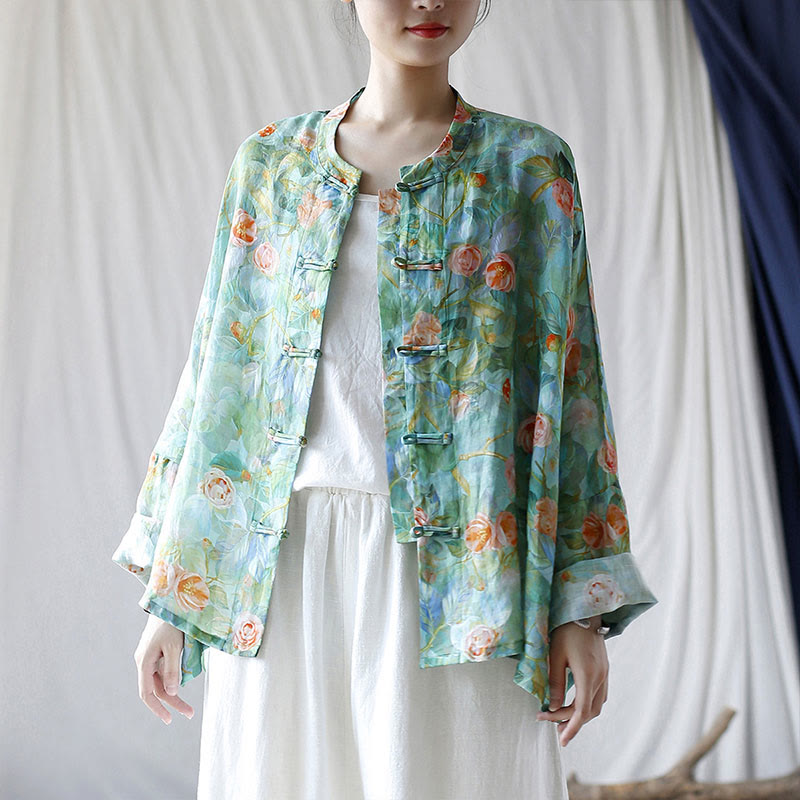 Chemise à manches longues en lin ramie avec imprimé de fleurs roses et de feuilles vertes et de boutons de grenouille - image 35