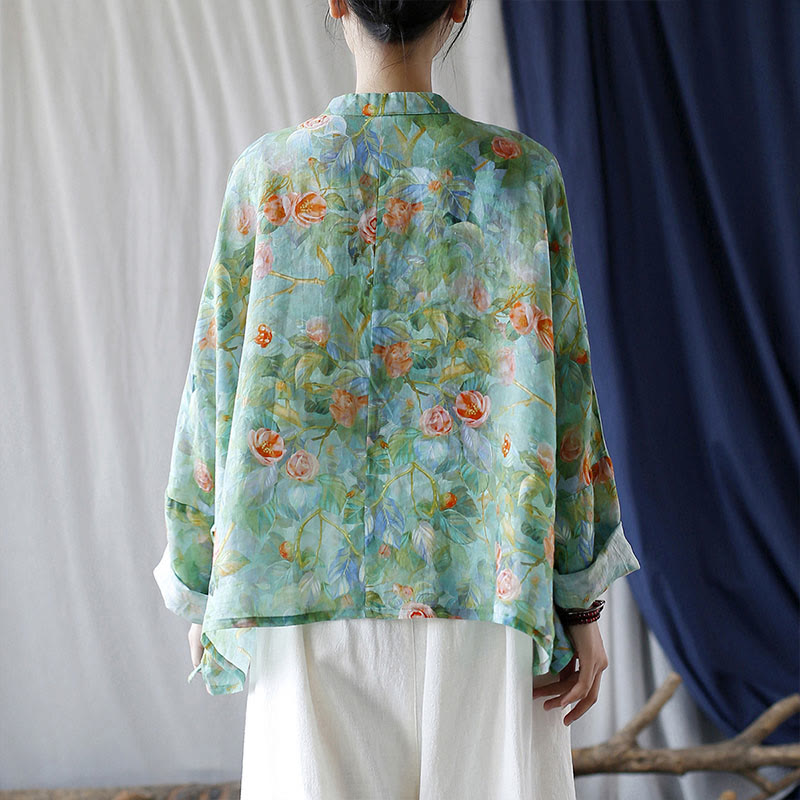 Chemise à manches longues en lin ramie avec imprimé de fleurs roses et de feuilles vertes et de boutons de grenouille - image 31