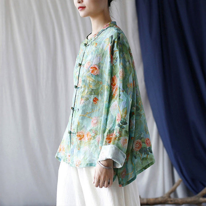 Chemise à manches longues en lin ramie avec imprimé de fleurs roses et de feuilles vertes et de boutons de grenouille - image 33