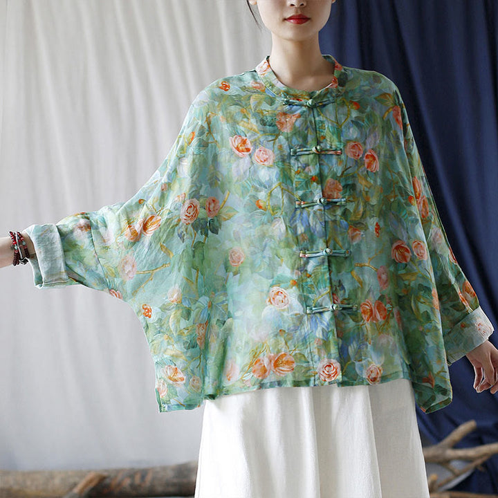 Chemise à manches longues en lin ramie avec imprimé de fleurs roses et de feuilles vertes et de boutons de grenouille - image 43