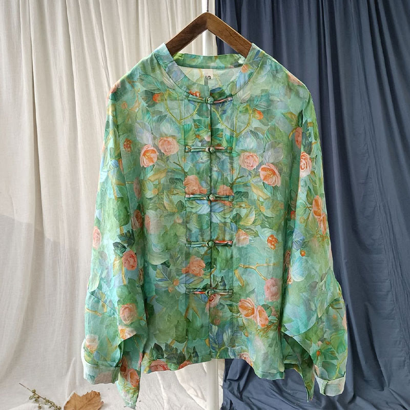 Chemise à manches longues en lin ramie avec imprimé de fleurs roses et de feuilles vertes et de boutons de grenouille - image 47