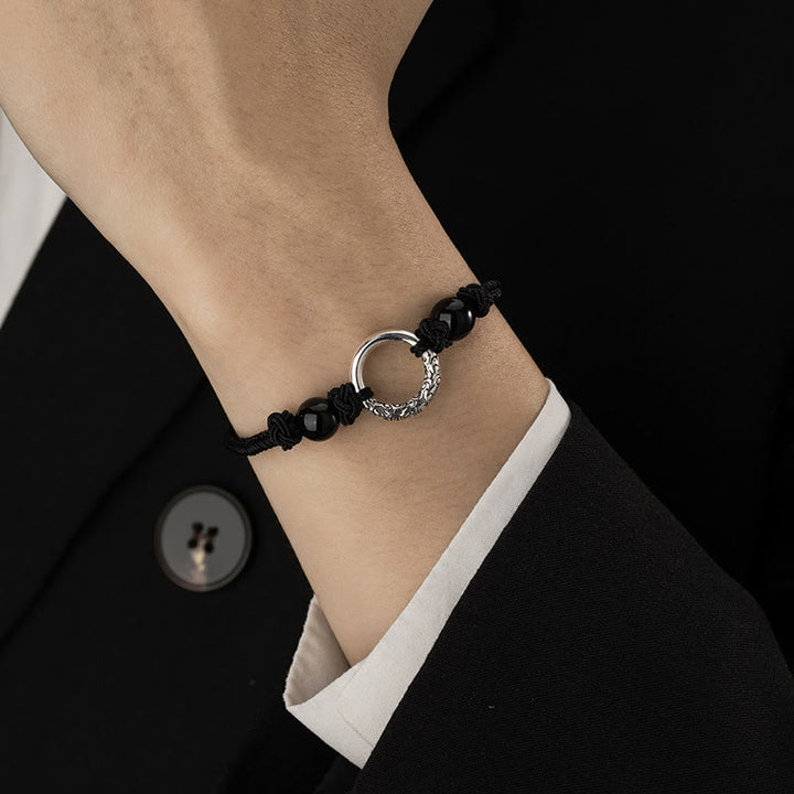 Bracelet de protection avec boucle de paix en argent sterling 925 et onyx noir Buddha Stones