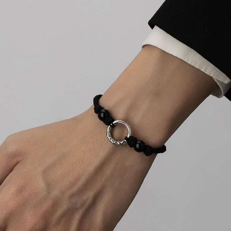 Bracelet de protection avec boucle de paix en argent sterling 925 et onyx noir Buddha Stones
