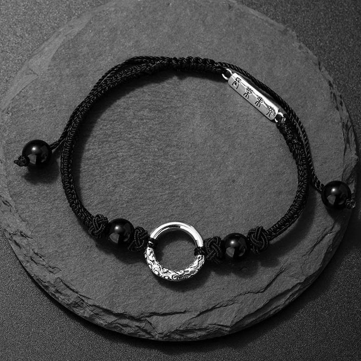 Bracelet de protection avec boucle de paix en argent sterling 925 et onyx noir Buddha Stones