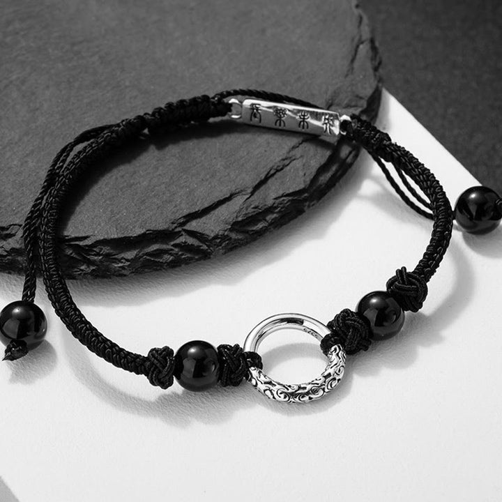Bracelet de protection avec boucle de paix en argent sterling 925 et onyx noir Buddha Stones