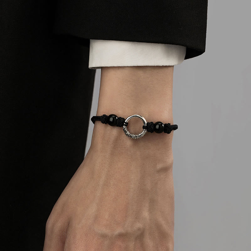 Bracelet de protection avec boucle de paix en argent sterling 925 et onyx noir Buddha Stones
