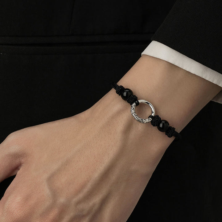 Bracelet de protection avec boucle de paix en argent sterling 925 et onyx noir Buddha Stones