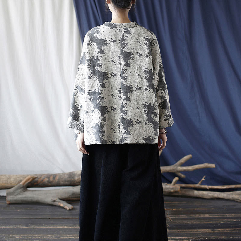 Chemise à manches longues en coton et lin avec imprimé Buddha Stones noir et gris et boutons de grenouille avec poches - image 31