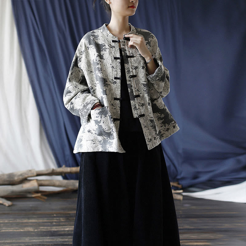 Chemise à manches longues en coton et lin avec imprimé Buddha Stones noir et gris et boutons de grenouille avec poches - image 32