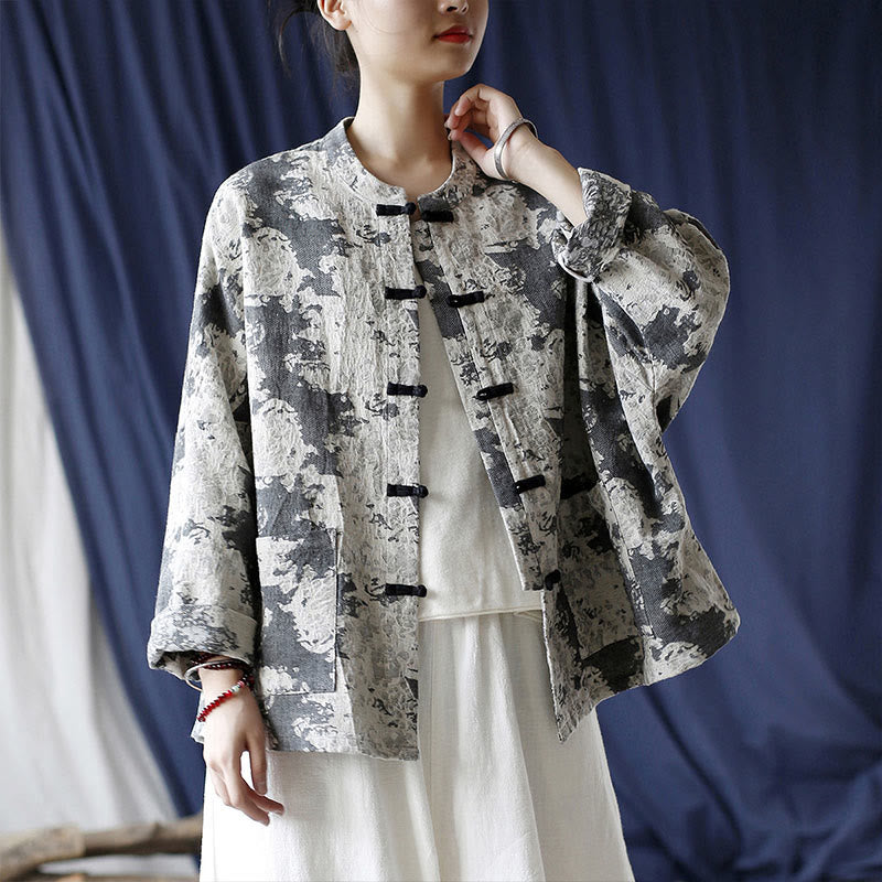 Chemise à manches longues en coton et lin avec imprimé Buddha Stones noir et gris et boutons de grenouille avec poches - image 29