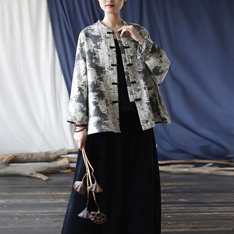 Chemise à manches longues en coton et lin avec imprimé Buddha Stones noir et gris et boutons de grenouille avec poches - image 30