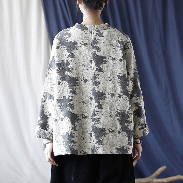 Chemise à manches longues en coton et lin avec imprimé Buddha Stones noir et gris et boutons de grenouille avec poches - image 2