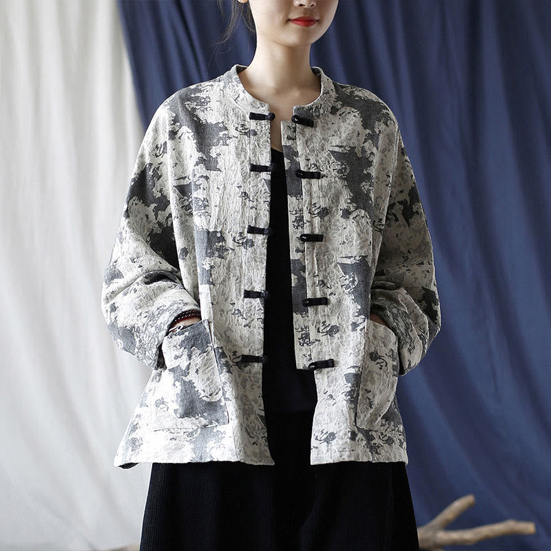 Chemise à manches longues en coton et lin avec imprimé Buddha Stones noir et gris et boutons de grenouille avec poches - image 24