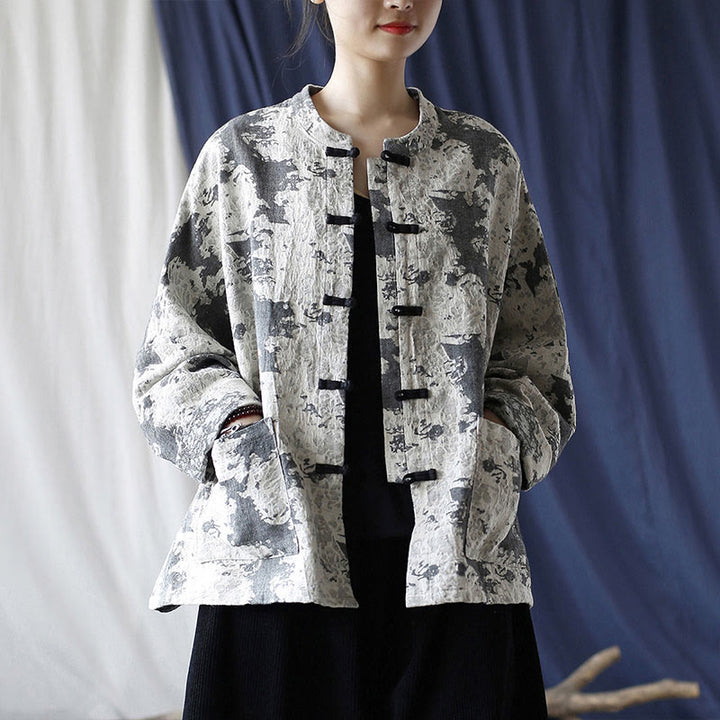 Chemise à manches longues en coton et lin avec imprimé Buddha Stones noir et gris et boutons de grenouille avec poches - image 24