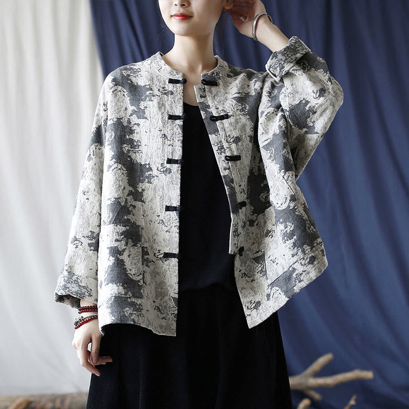 Chemise à manches longues en coton et lin avec imprimé Buddha Stones noir et gris et boutons de grenouille avec poches - image 18