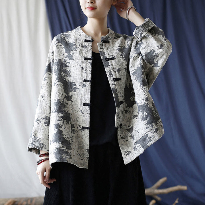 Chemise à manches longues en coton et lin avec imprimé Buddha Stones noir et gris et boutons de grenouille avec poches - image 18